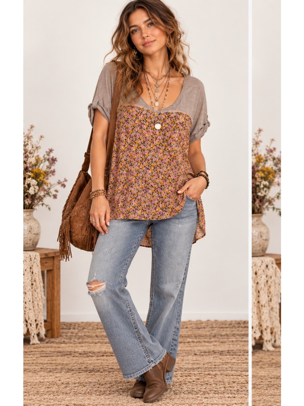 In Bloom Pink Floral and Taupe Short Sleeve Sleep Tunic